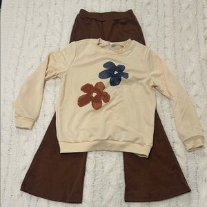 Kids Matching Set with Floral Design - Cream and Brown